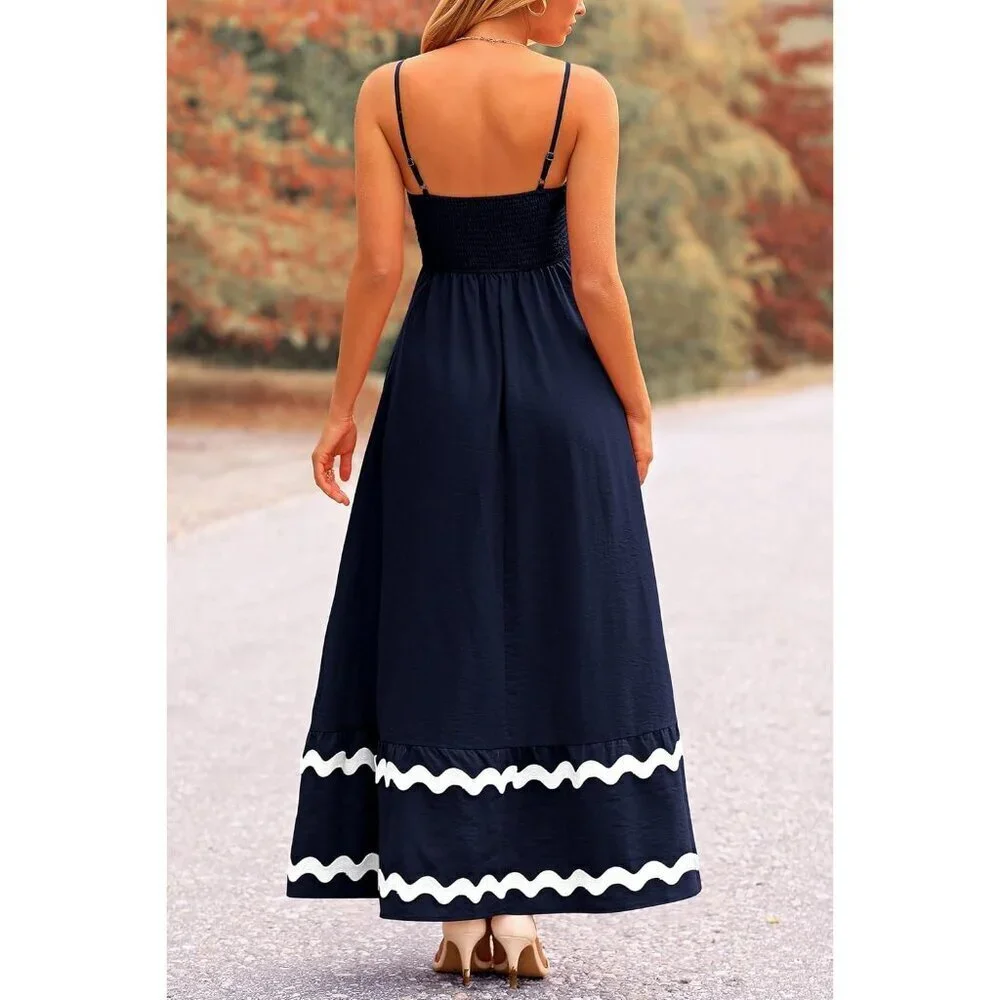 Women's Dark Blue Casual Sleeveless Spaghetti Strap Ruffle Beach Maxi Dress